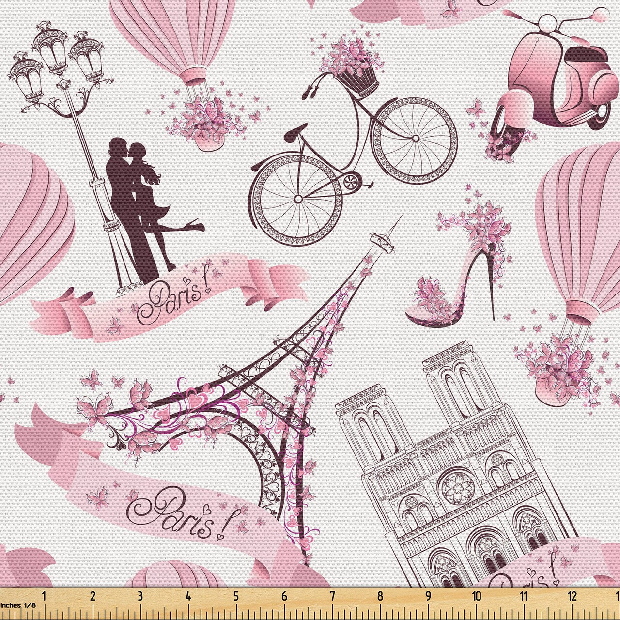 Ambesonne Paris Fabric by The Yard, Valentines Day Theme with Eiffel Kissing Couple Hot Air Balloon Wedding Concept, Decorative Fabric for Upholstery and Home Accents, 2 Yards, Pink Rose